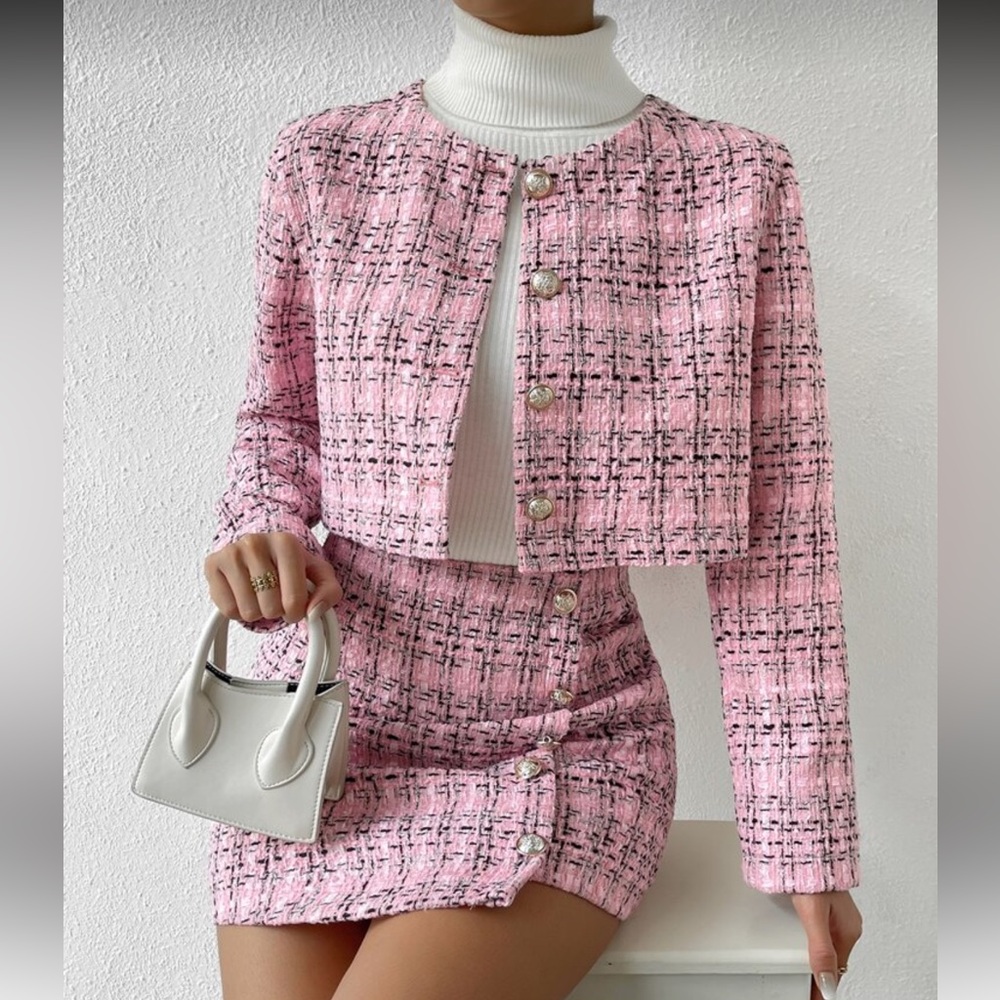 Pink Tweed Crop Jacket & Mini Skirt Set | Chic Matching Set | New
